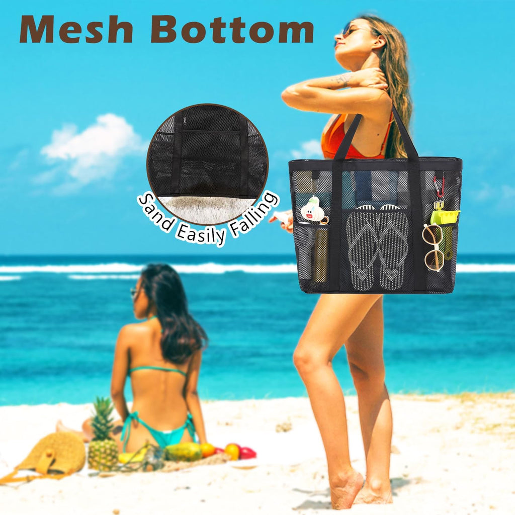 Fammart Mesh Beach Bag with Zipper, Large Beach Tote for Women, Toys Pool Swim Bag Travel Vacation Cruise Essentials