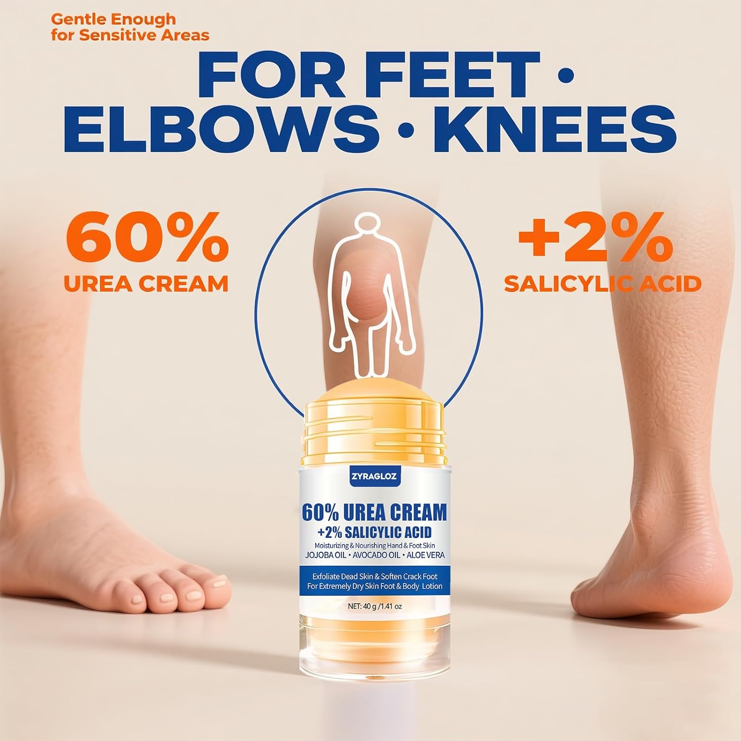 Urea Cream Stick 60% plus 2% Salicylic Acid, 2PCS Maximum Strength Urea Cream for Feet, Foot Lotion Stick for Cracked Heels, Dry Hands & Rough Knees, Callus Remover & Skin Softener, Soften Dead Skin