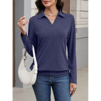 Ticticmiss Womens Polo Shirts Long Sleeve Banded Bottom Tops Business Casual Tops Collared V Neck Blouses