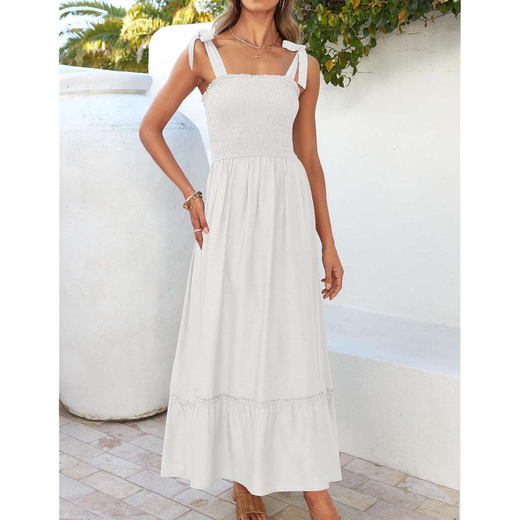 Zesica Women'S 2026 Summer Boho Spaghetti Strap Square Neck Solid Color Ruffle A Line Beach Long Maxi Dress