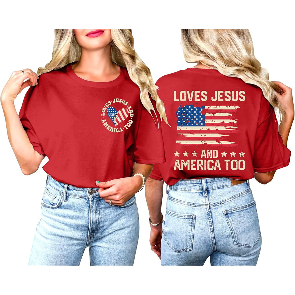 American Flag Shirts for Women: 250th Anniversary Tshirts She Loves Jesus and America Too Tee Tops
