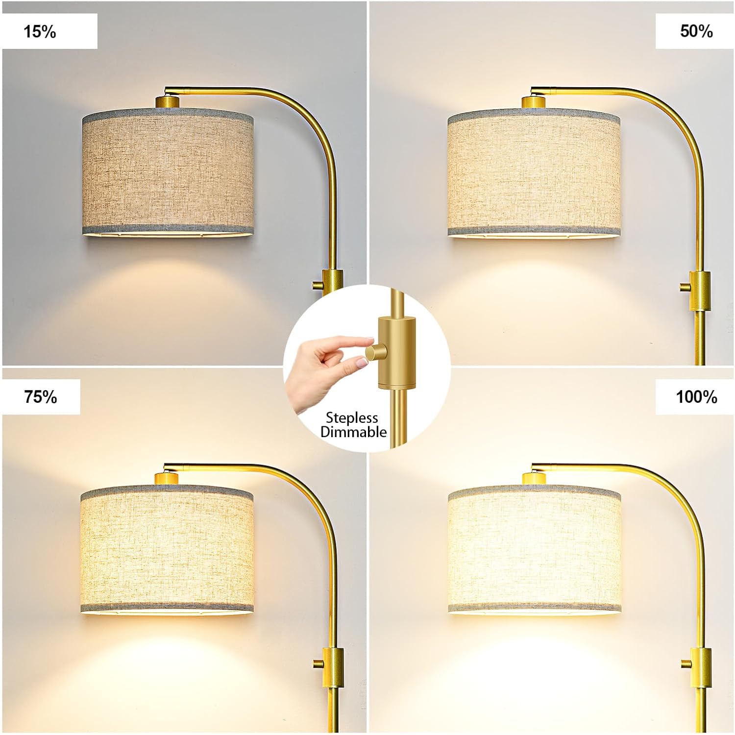 Upgraded Modern Arc Dimmable Tall Standing Floor Lamp With Linen Shade, 1200 Lumens Led Bulb Included, For Living & Reading Room, Bedroom, Office & Nursery, Gold