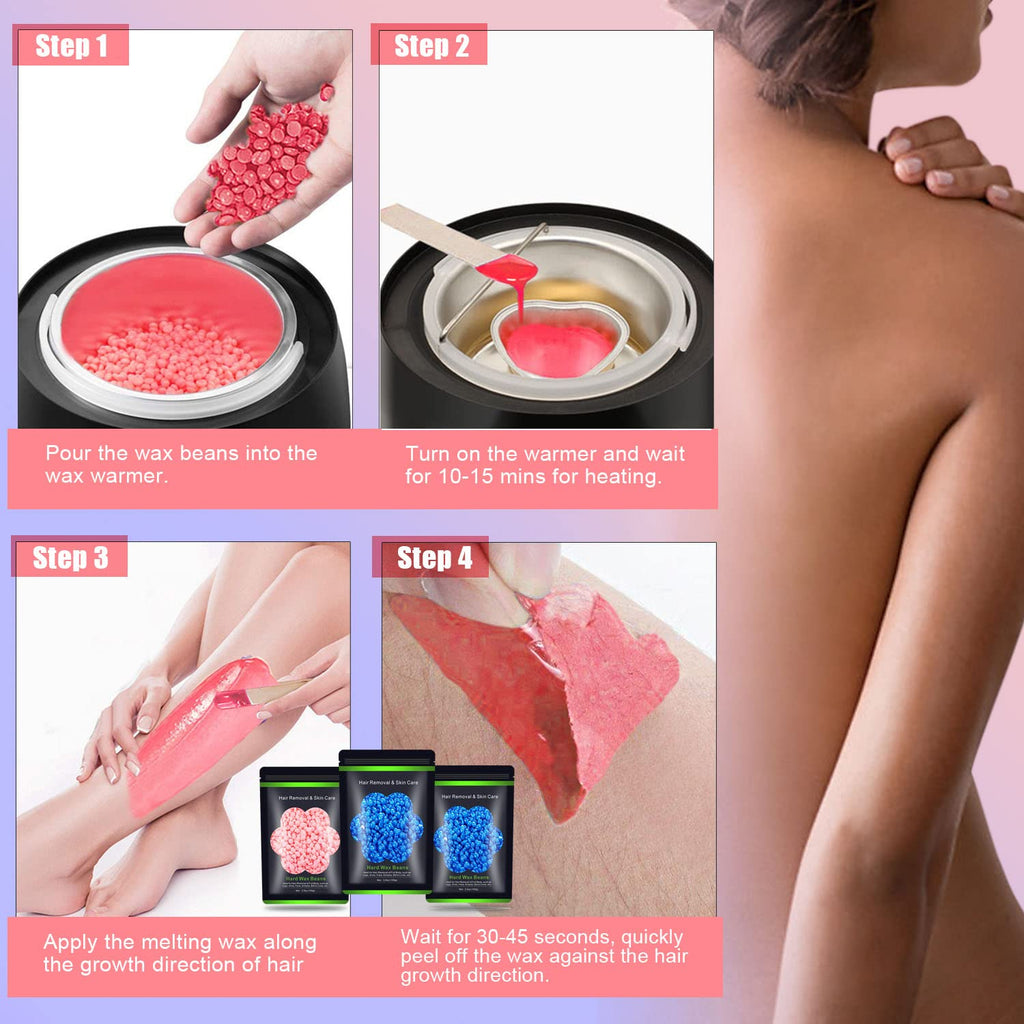 Wax Beads for Hair Removal 10.5 oz (300 g), Auperwel Hard Wax Beads for Sensitive Skin Brazilian, Face, Bikini, Eyebrow, Legs, Painless Waxing Beads for Women Men, 3 packs Wax Kit with 10 Wax Sticks