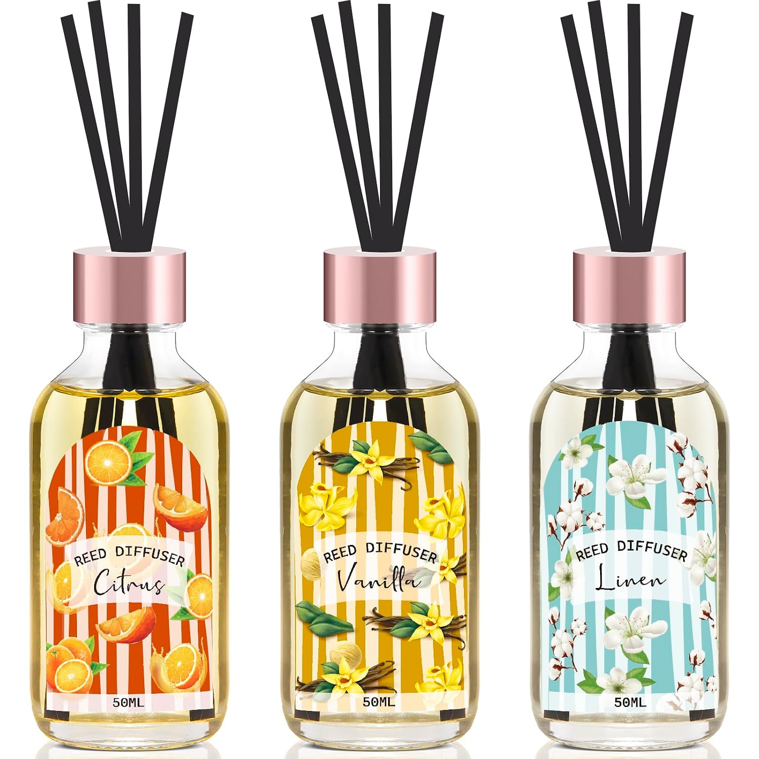 Reed Diffuser Set Of 3 Pack, Linen Vanilla Citrus Scented Oil Diffuser With 15 Sticks, Reed Diffusers For Home, Bathroom Air Freshener, 1.7 Fl.Oz Each, Total 5.1 Oz
