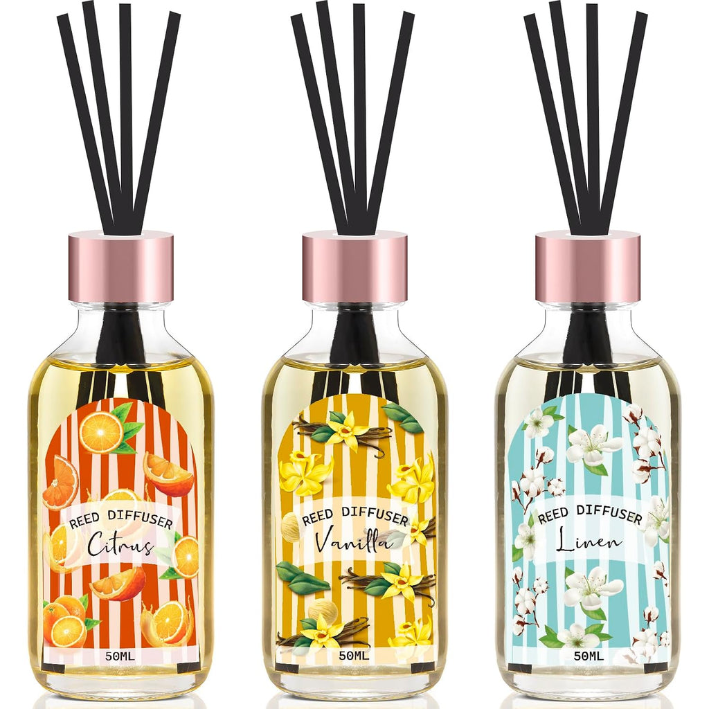 Reed Diffuser Set Of 3 Pack, Linen Vanilla Citrus Scented Oil Diffuser With 15 Sticks, Reed Diffusers For Home, Bathroom Air Freshener, 1.7 Fl.Oz Each, Total 5.1 Oz