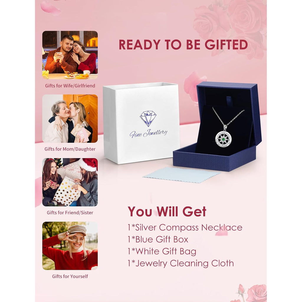 Meeshi Silver Compass Necklace for Women Birthday Gifts for Wife Anniversary Necklace for Women Rose Flower Birthstone Necklaces for Wife Jewelry for Womens Girlfriend Mom Daughter
