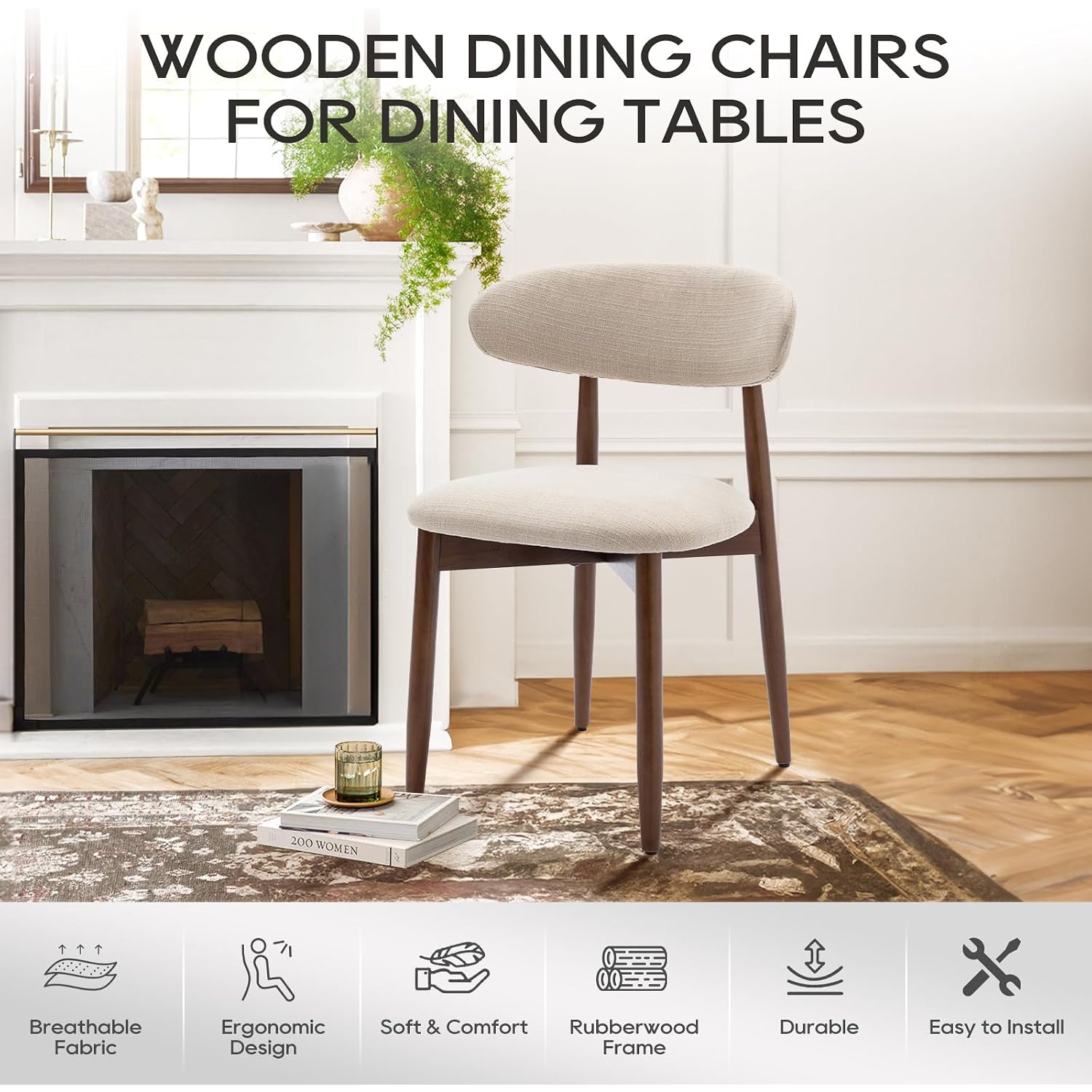 Colamy Wooden Dining Chairs Set Of 4, Modern Fabric Upholstered Kitchen Side Chairs, Farmhouse Dining Room Chair With Foot Pegs, Beige