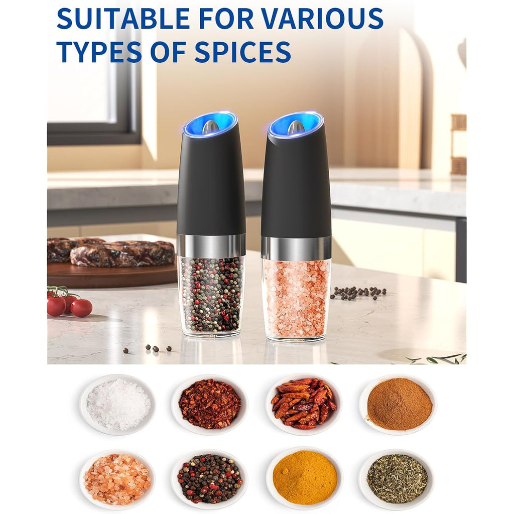 Circle Joy Gravity Electric Salt And Pepper Grinder Set Automatic Salt And Pepper Grinder Set With Led Light, Battery Operated, Adjustable Coarseness, Large Capacity, For Home Kitchen Bbq, Black
