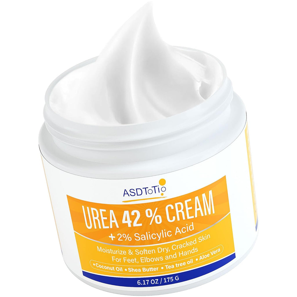 ASDToTio Urea Cream 42% - Foot Care for Dry Cracked Heels, Foot Lotion - With 2% Salicylic Acid, Tea Tree Oil, Shea Butter, Aloe Vera - For Feet, Hands, Heels, Elbows, Knees and More - 6 oz