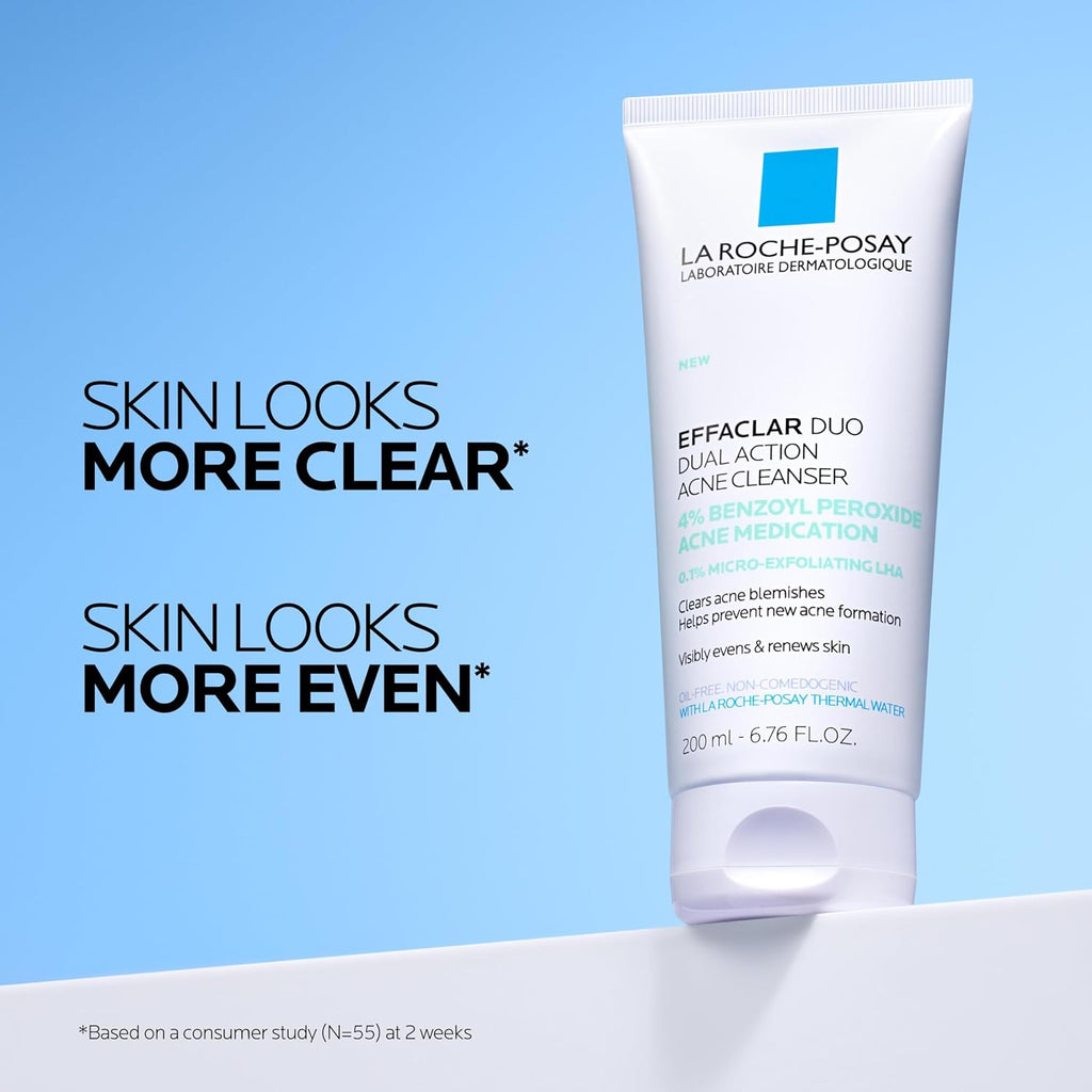 La Roche-Posay Effaclar Dual Acne Face Wash With 4% Benzoyl Peroxide & Lha Exfoliant, Acne Treatment Help Clear & Prevent Blemishes, Paraben Free & Oil Free Wash, 6.76 Fl Oz