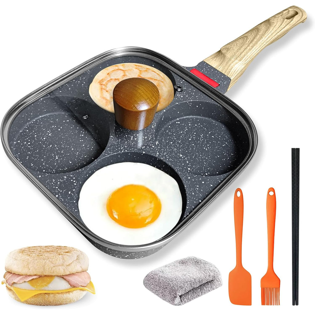 4‑Cup Nonstick Egg Pan Set with Lid – Aluminum Omelette Skillet for Breakfast, Includes Silicone Scraper, Oil Brush, Chopsticks & Cleaning Cloth – Compatible with Gas & Induction Cooktops (Black)
