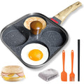 4‑Cup Nonstick Egg Pan Set with Lid – Aluminum Omelette Skillet for Breakfast, Includes Silicone Scraper, Oil Brush, Chopsticks & Cleaning Cloth – Compatible with Gas & Induction Cooktops (Black)