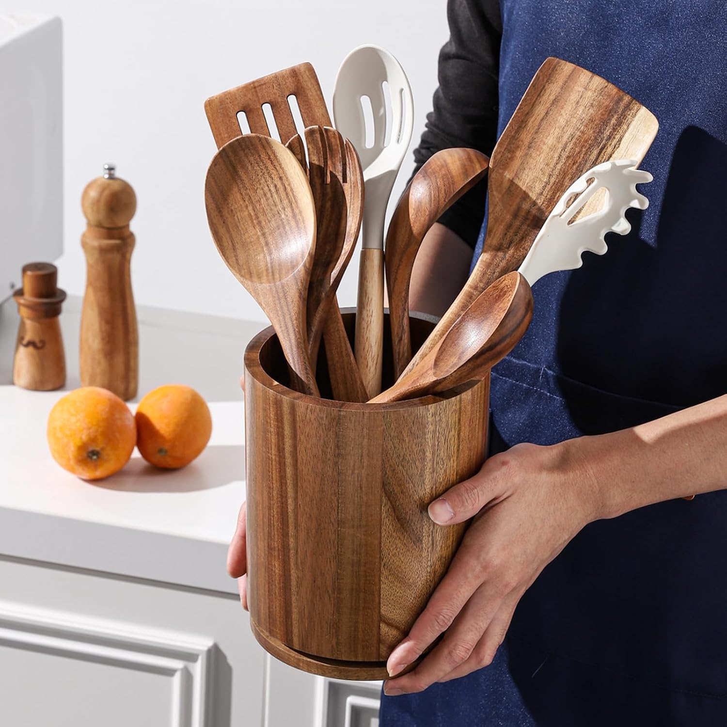 Wooden Utensil Holder, 360°Rotating 7.3'' Large Utensil Holder For Kitchen Counter, Kitchen Utensil Organizer, Utensil Crock, Farmhouse Kitchens Countertop Decor, Acacia Wood