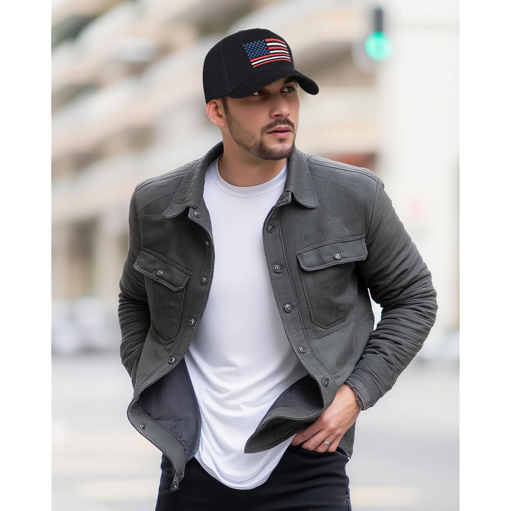 American Flag Hat Patriotic Baseball Cap - USA Flag Trucker Hat for Men & Women, Breathable Mesh Adjustable Sun Hat Black+red