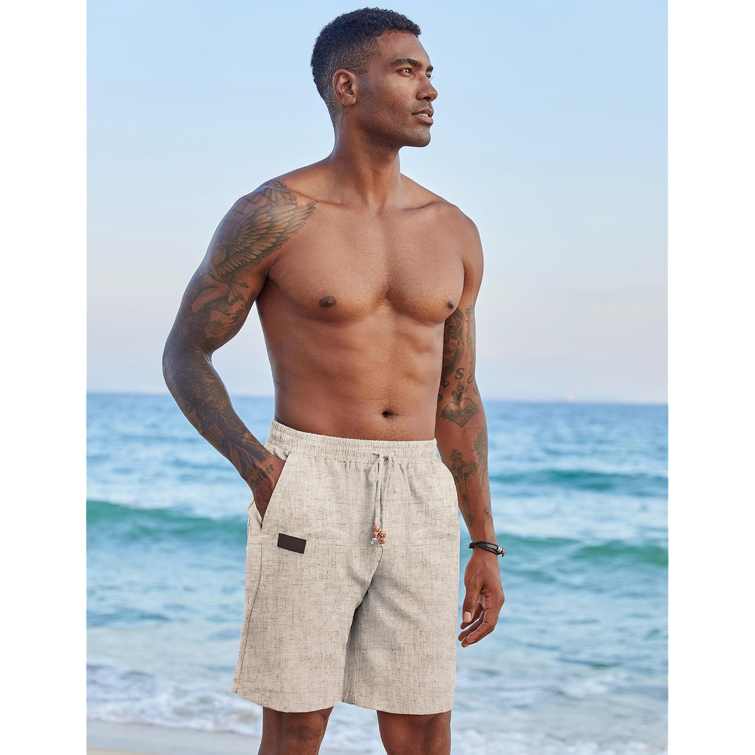 Coofandy Mens Casual Linen Shorts Elastic Waist Drawstring Loose Fit Summer Beach Vacation Shorts With Pockets
