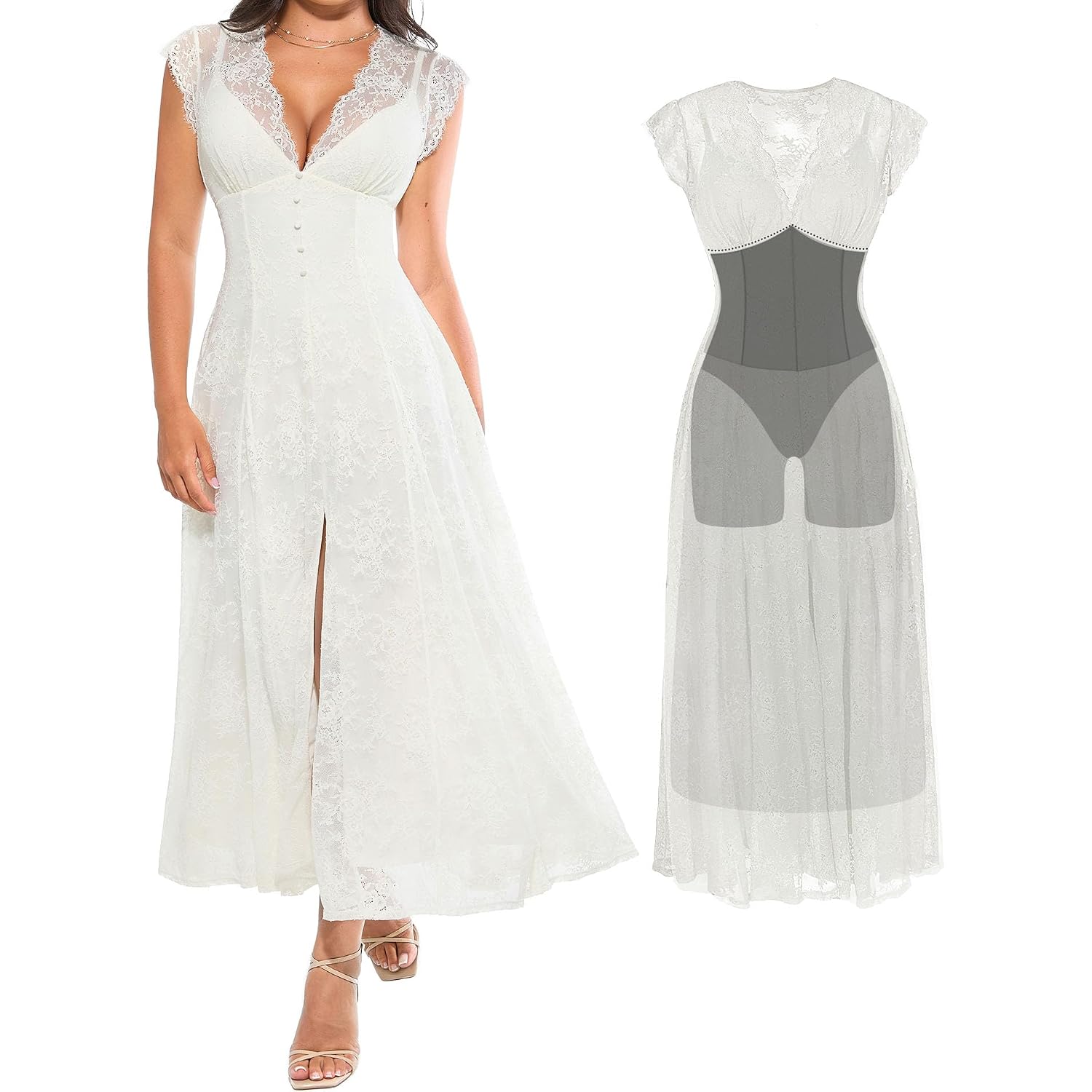 Popilush Women'S Lace Formal Cocktail Sleeveless V Neck Maxi Shapewear Dress Wedding Guest Mother Of Bride Split Dresses