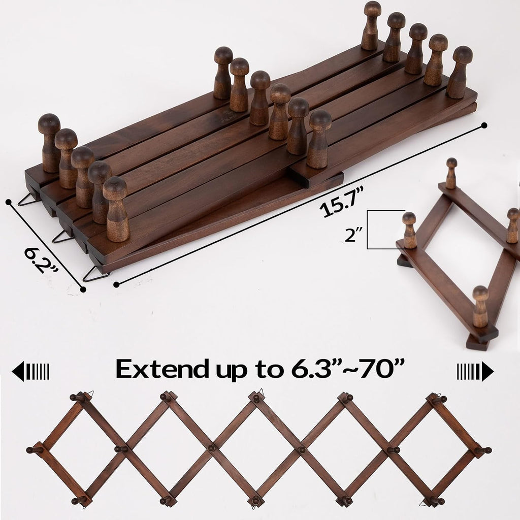 Hat Rack For Wall, Expandable Wall Hat Holder With 16 Hooks, 16 Inch Wooden Wall Hook For Baseball Caps,Cowboy, Bag,Hoodie(Brown)