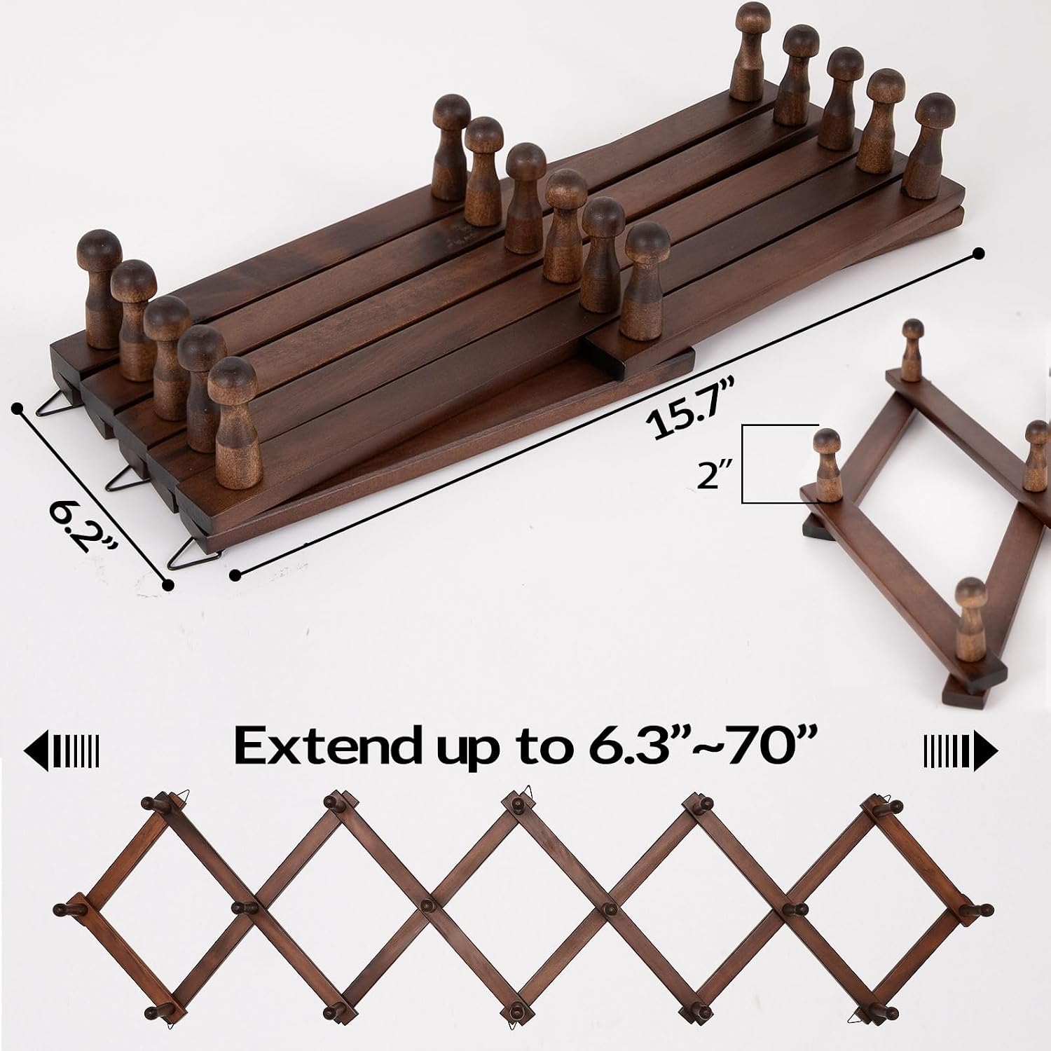Hat Rack For Wall, Expandable Wall Hat Holder With 16 Hooks, 16 Inch Wooden Wall Hook For Baseball Caps,Cowboy, Bag,Hoodie(Brown)
