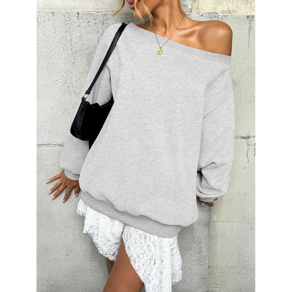 Womens Fleece Lined Sweatshirt Off Shoulder Long Sleeve Pullover Top Oversized Shirt Basic Slouchy Clothes 2026