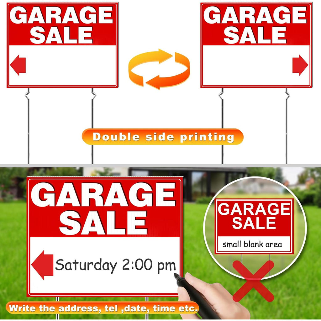 Garage Sale Signs, 3 Pcs Yard Signs With Metal Stakes, 17X13 Inch Double Sided Large Corrugated Plastic Garage Sale Kit With Directional Arrows Stickers For Event, Weatherproof, Red