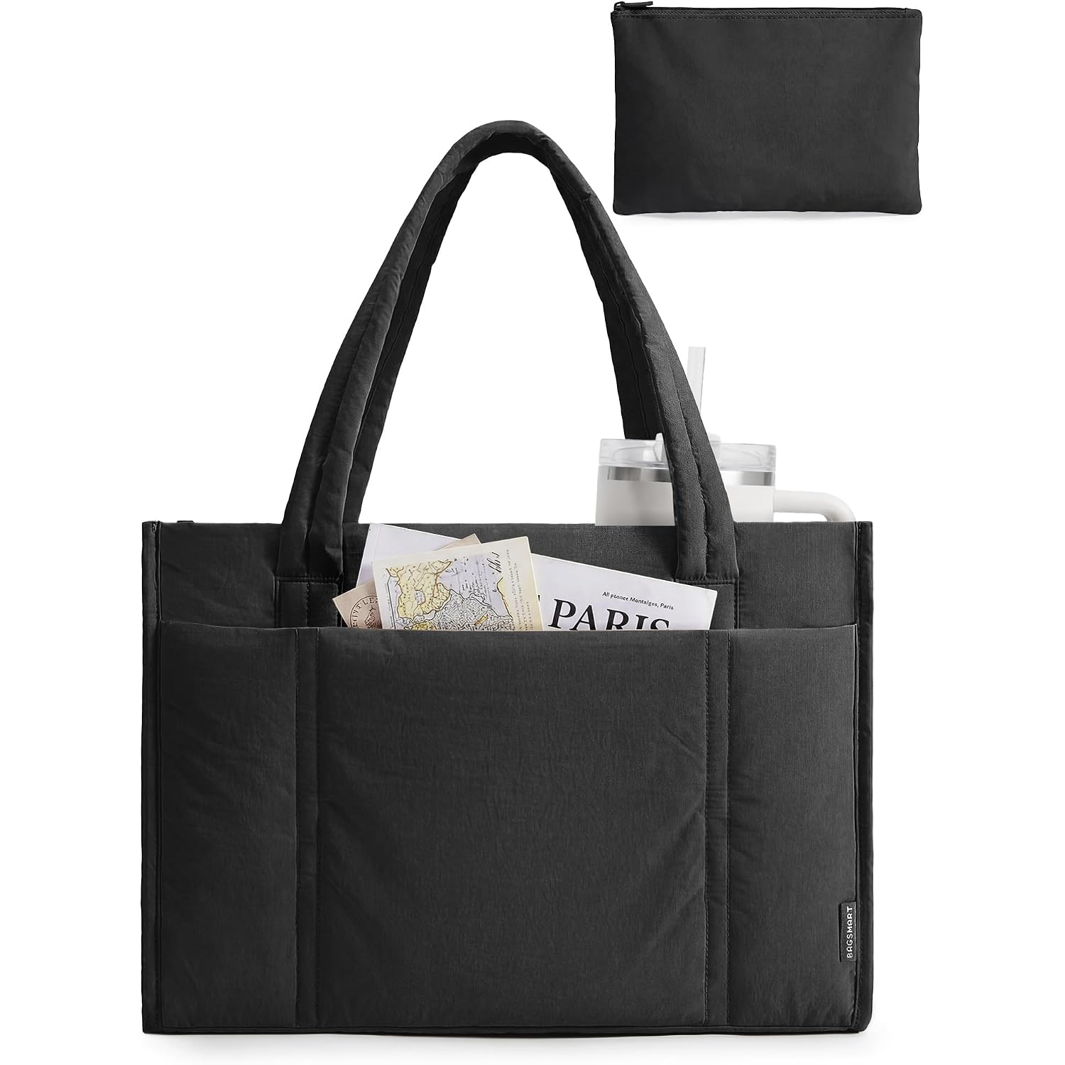 Bagsmart Tote Bag For Women, 2Pc Puffy Tote Bag Set With Zipper, Quilted Large Work Teacher Bag For Travel