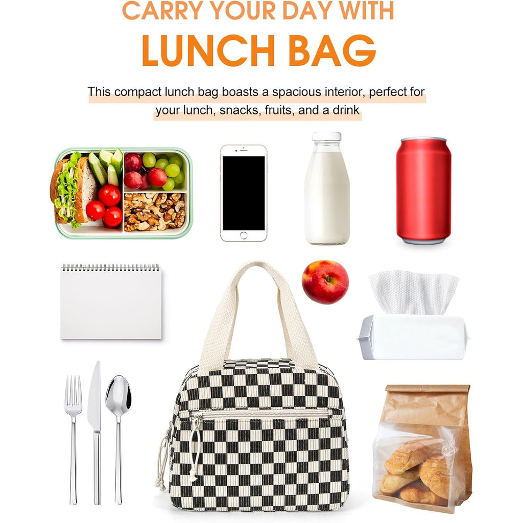 Corduroy Lunch Bag,Small Insulated Lunch Box For Women Men | Reusable Lunchbag,Cute Lunch Tote Bag,Lunchbox For Work,Corduroy Black Checkered