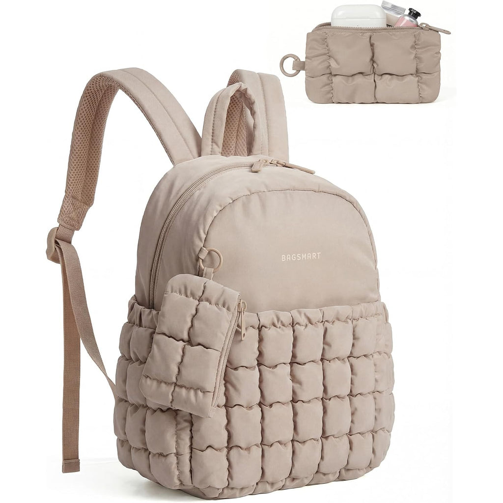 Bagsmart Mini Backpacks For Women, Puffy Checkered Quilted Small Backpack With Pouch, Lightweight Daypack Purse, Water-Resistant Bookbag For Daily Travel College, 2-In-1 Set, Brown