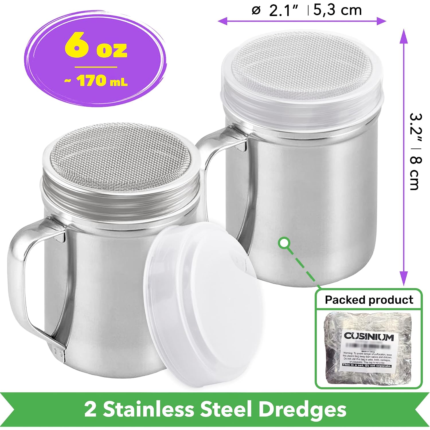 Powdered Sugar Shaker Duster - With Handle - Cinnamon Shaker For Coffee Bar - Fine Mesh Dredge - 6 Ounce, Pack Of 2 | Style: Fine