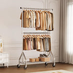 Hyseyy Heavy Duty Clothes Rack, Double Rod Clothing Rack For Hanging Clothes, Rolling Garment Rack, Adjustable Freestanding Wardrobe Closet Coat Rack For Bedroom Laundry Living Room, Silver