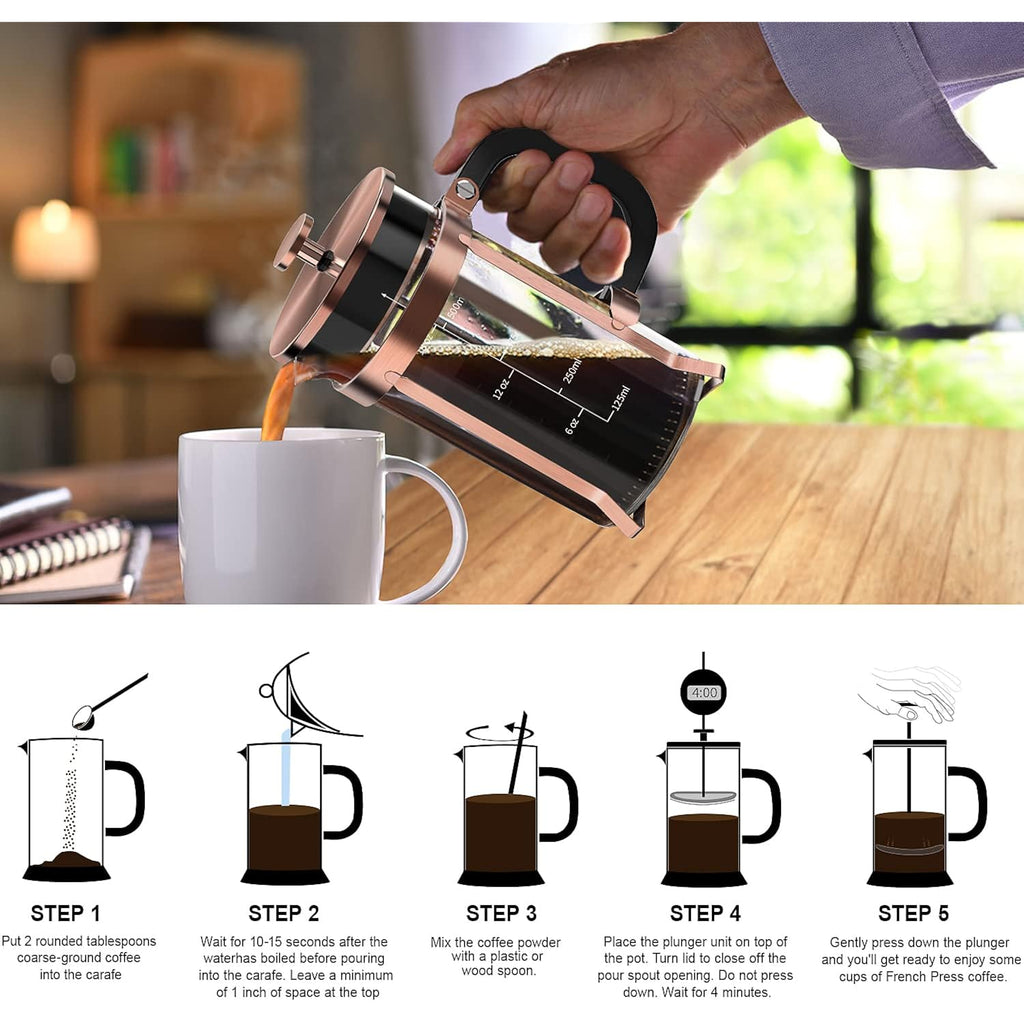 QUQIYSO Coffee Maker 304 Stainless Steel French Press with 4 Filter, Heat Resistant Durable, Easy to Clean, Borosilicate Glass Coffee Press, 100% BPA Free Teapot, 21 ounce, copper