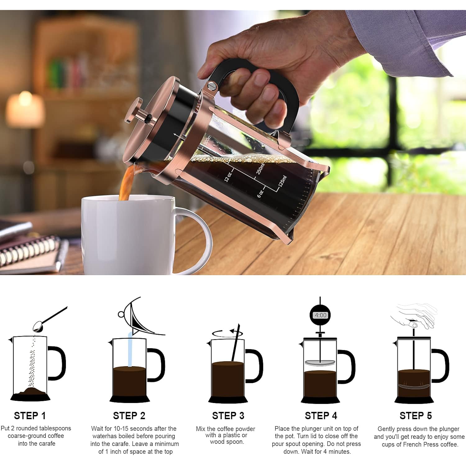 QUQIYSO Coffee Maker 304 Stainless Steel French Press with 4 Filter, Heat Resistant Durable, Easy to Clean, Borosilicate Glass Coffee Press, 100% BPA Free Teapot, 21 ounce, copper