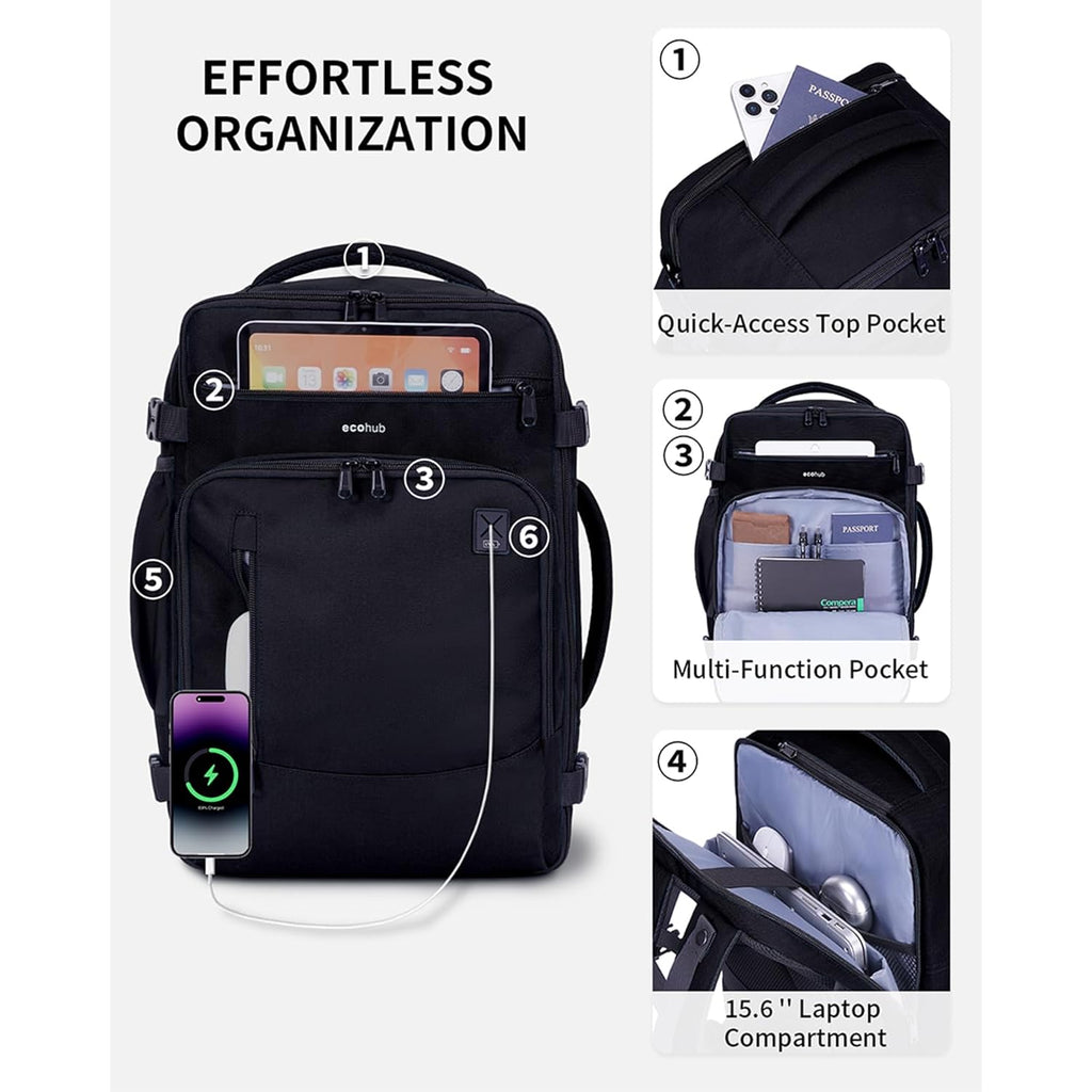 Ecohub 17" Small Travel Backpack, United Airlines Personal Item Bag 17X10X9 With 16 Pockets, Water Resistant Rucksacks Fit 15.6" Laptop, Airtag Pocket, Lightweight Casual Daypack, 25L, Black