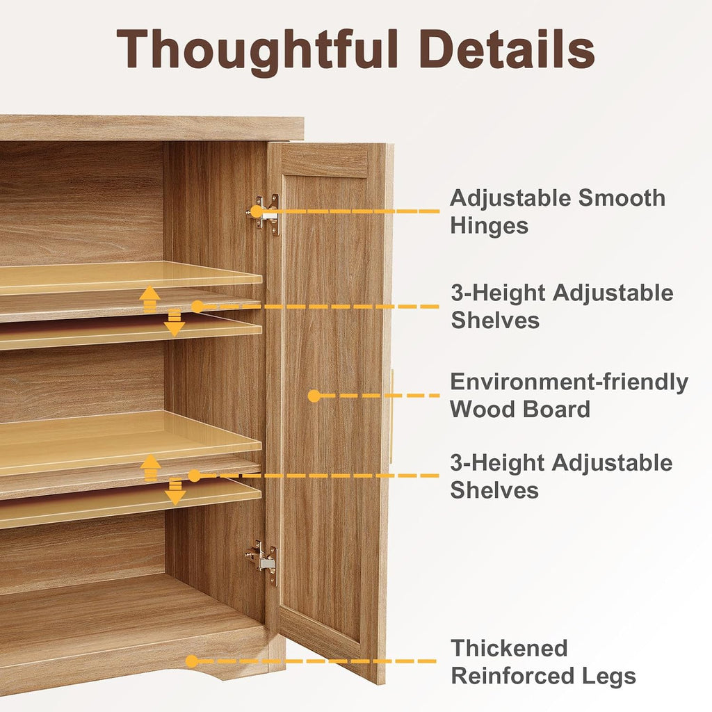 55" Fluted Sideboard Buffet Cabinet With Storage,Natural Oak | Modern Credenza With 4 Doors & Adjustable Shelves,Coffee Bar Table Console For Dining Room Kitchen Living Room Entryway