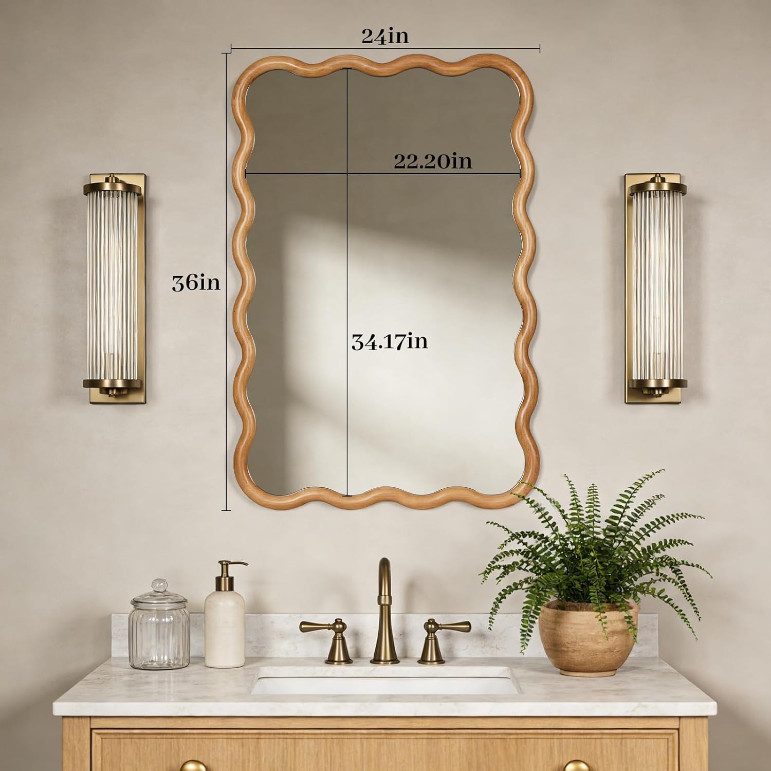 24"X36" Wavy Wood Mirror, Natural Wood Boho Accent Wall Mirror With Wooden Frame, Decorative Wall Mounted Mirror For Horizontal Or Vertical Hanging In Bathroom, Bedroom, Living Room
