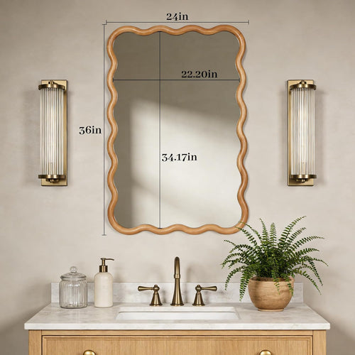 24"X36" Wavy Wood Mirror, Natural Wood Boho Accent Wall Mirror With Wooden Frame, Decorative Wall Mounted Mirror For Horizontal Or Vertical Hanging In Bathroom, Bedroom, Living Room