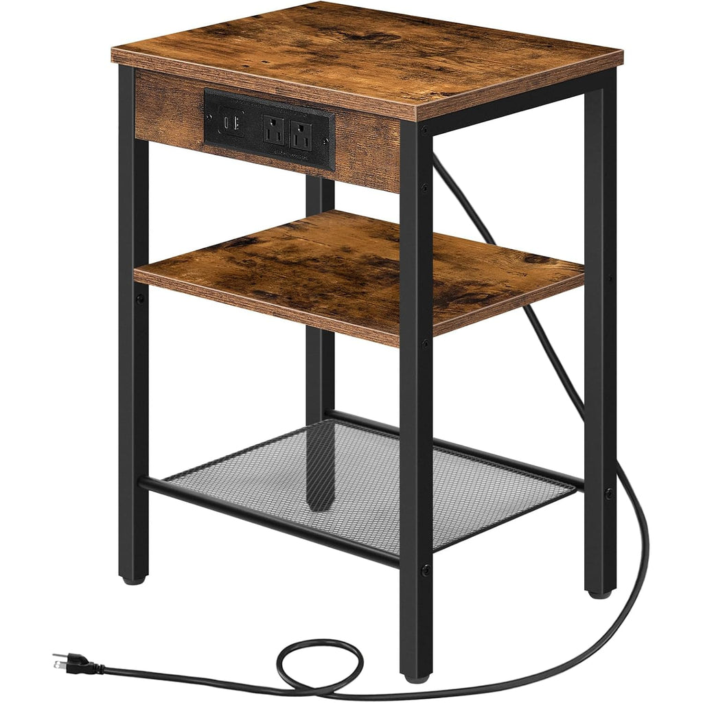 Hoobro Side Table With Charging Station And Usb Port, Small End Table For Small Space, 3-Tier Nightstand With Adjustable Shelf, For Living Room, Bedroom, Rustic Brown Bf112Bz01