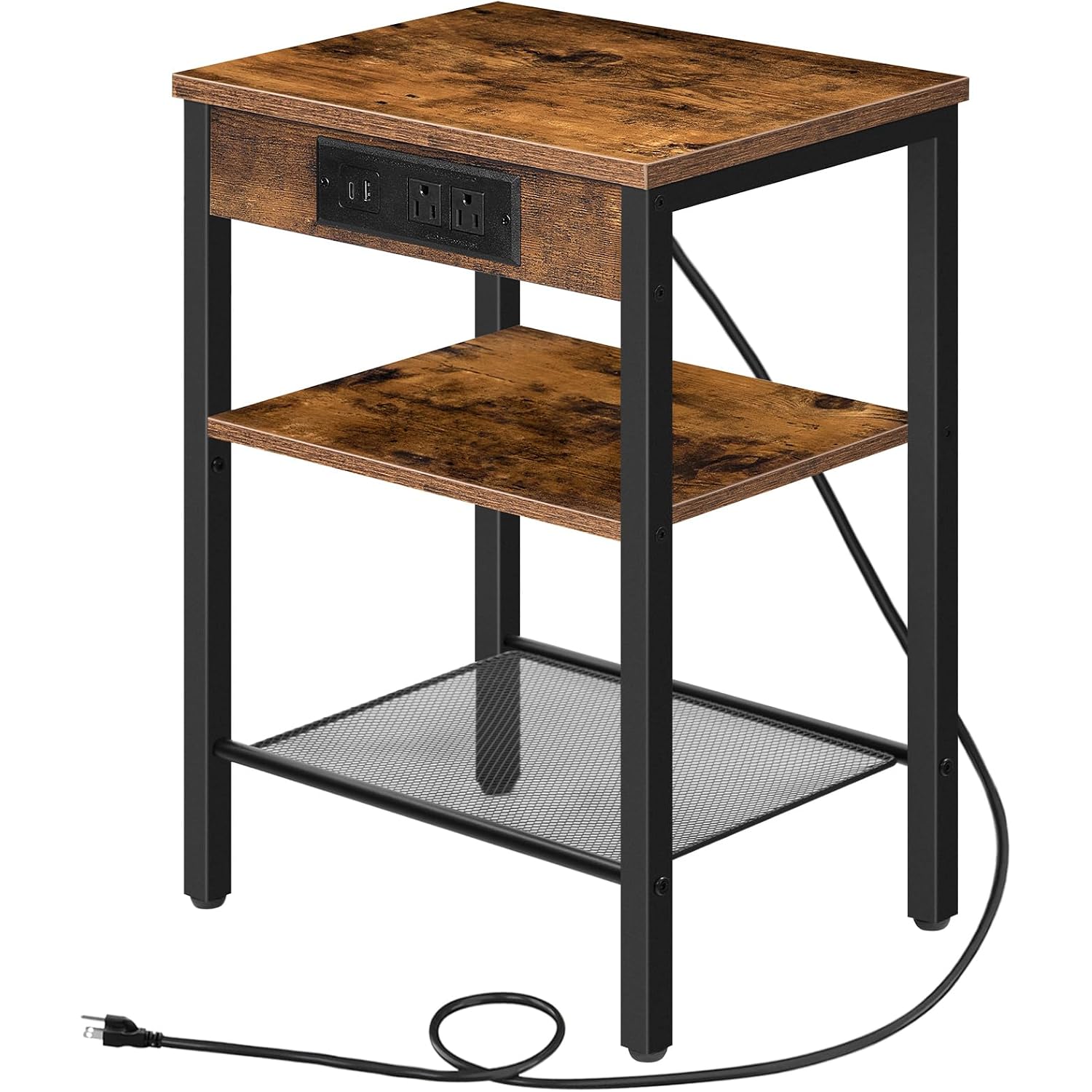 Hoobro Side Table With Charging Station And Usb Port, Small End Table For Small Space, 3-Tier Nightstand With Adjustable Shelf, For Living Room, Bedroom, Rustic Brown Bf112Bz01