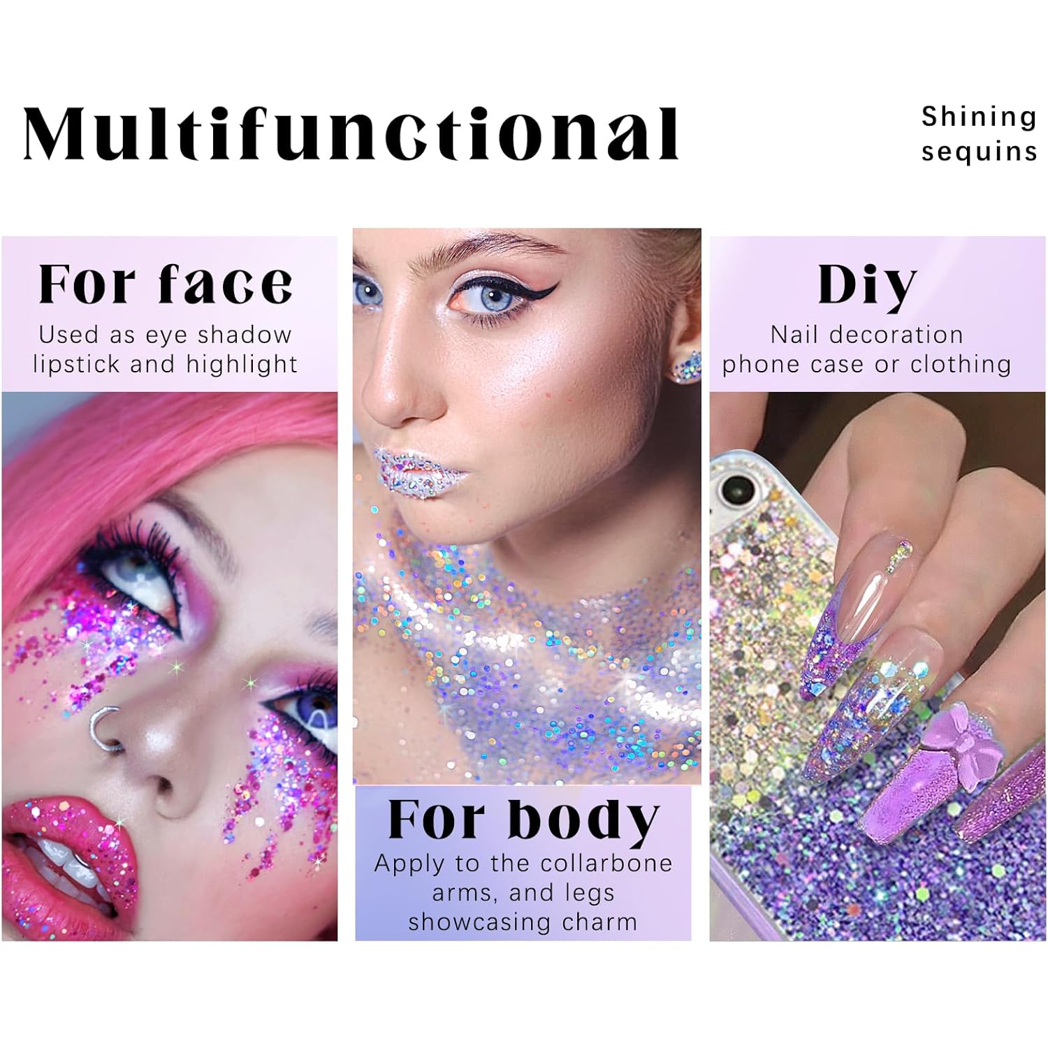 HOSAILY 2 Colors Roll-on Body Glitter Gel, Holographic Glitter Gel Under Light for Face Hair, Body Shimmer for Rave Accessories Christmas New Year Halloween Makeup (Golden Ocean+Neon Violet)