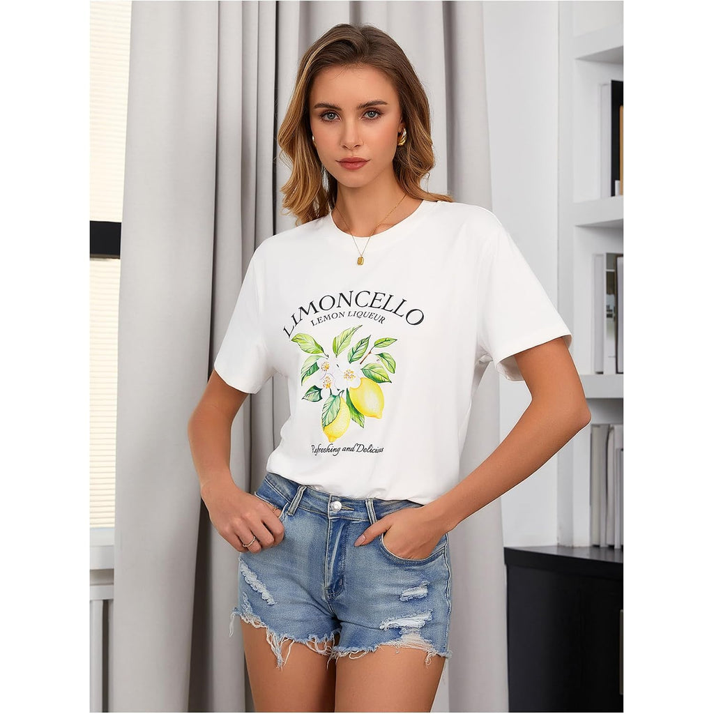SweatyRocks Women's Lemon Shirts Letter Fruit Printed Graphic Tees Short Sleeve Casual T-Shirt White