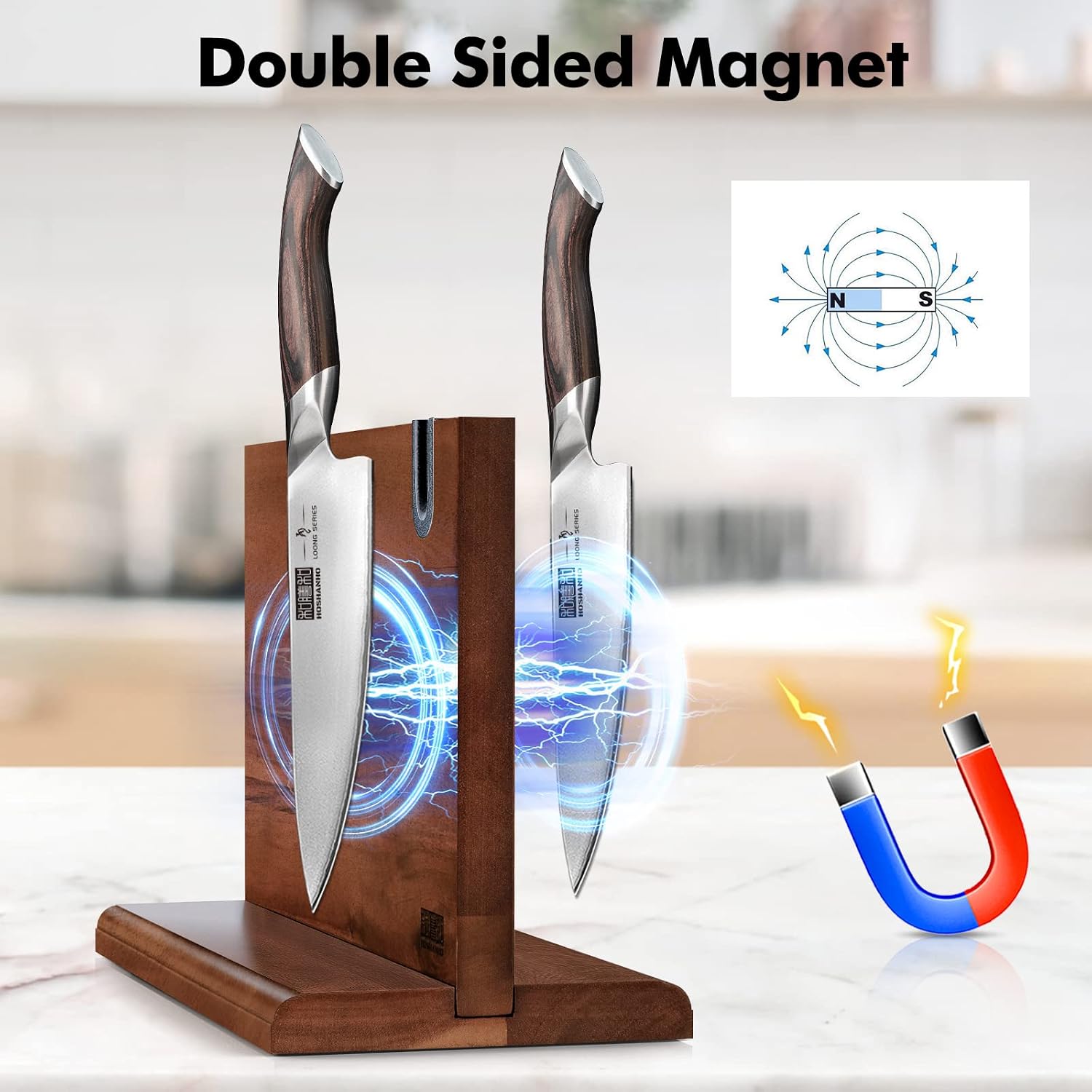 Hoshanho Magnetic Knife Block 14 X 10 Inches, Double Sided Magnetic Knife Holder Rack For Kitchen Counter, Acacia Wood Magnetic Knife Storage Stand With Knife Sharpener