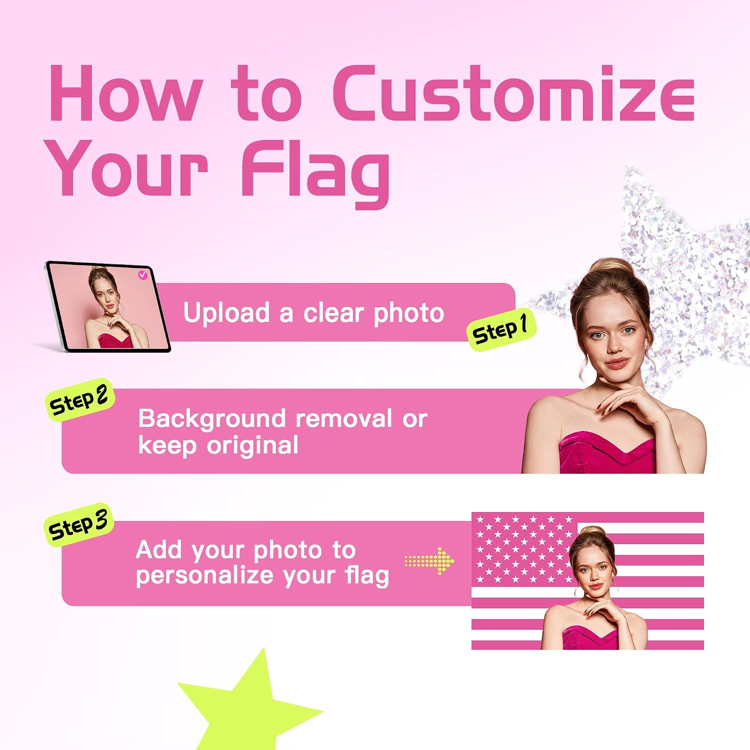 Custom Pink American Us Flag With Picture, Personalized Funny Flags With Face Image Logo Photo Text Single Sided Customized Flag Tapestry For Bedroom Dorm Room Decor Garden, 2X3 3X5 4X6 5X8 Ft