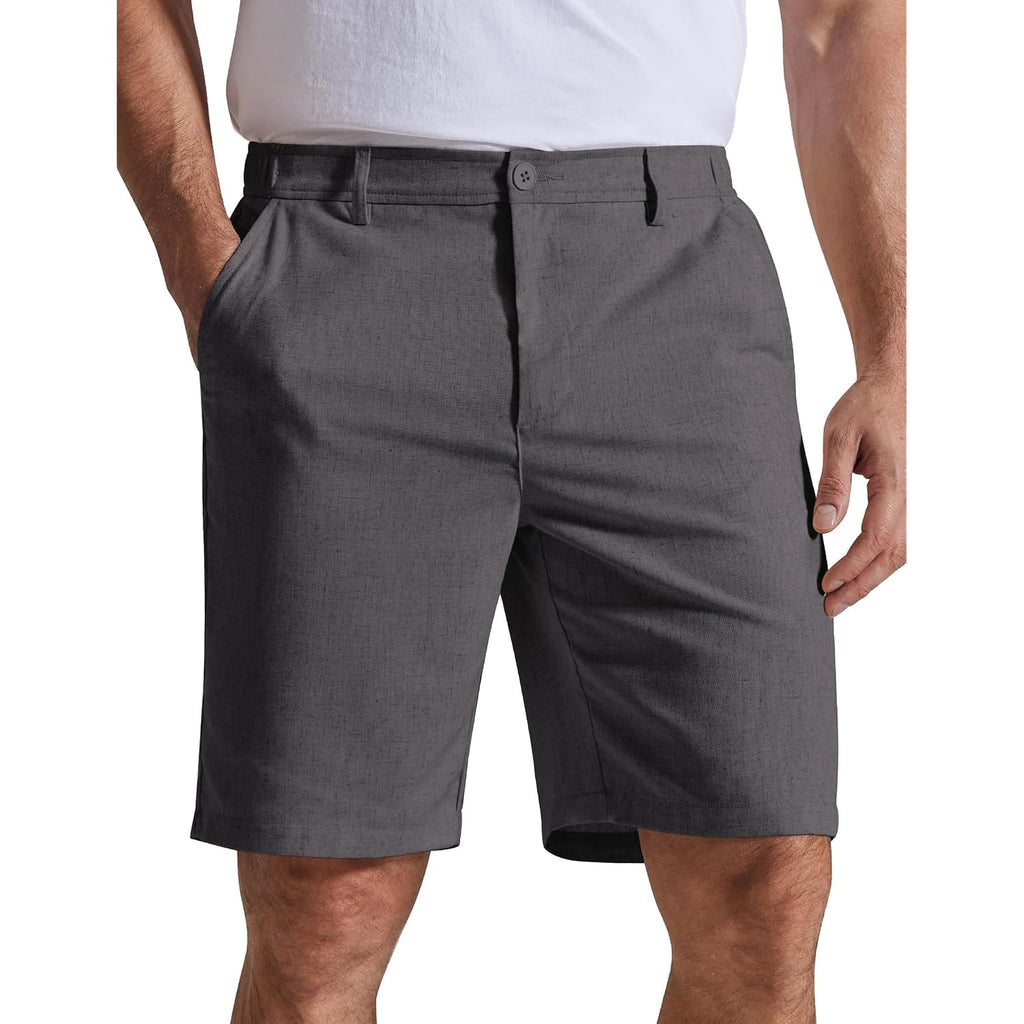 Coofandy Mens Casual Shorts 9" Flat Front Elastic Waist Linen Dress Shorts Lightweight Summer Outfits With Pockets