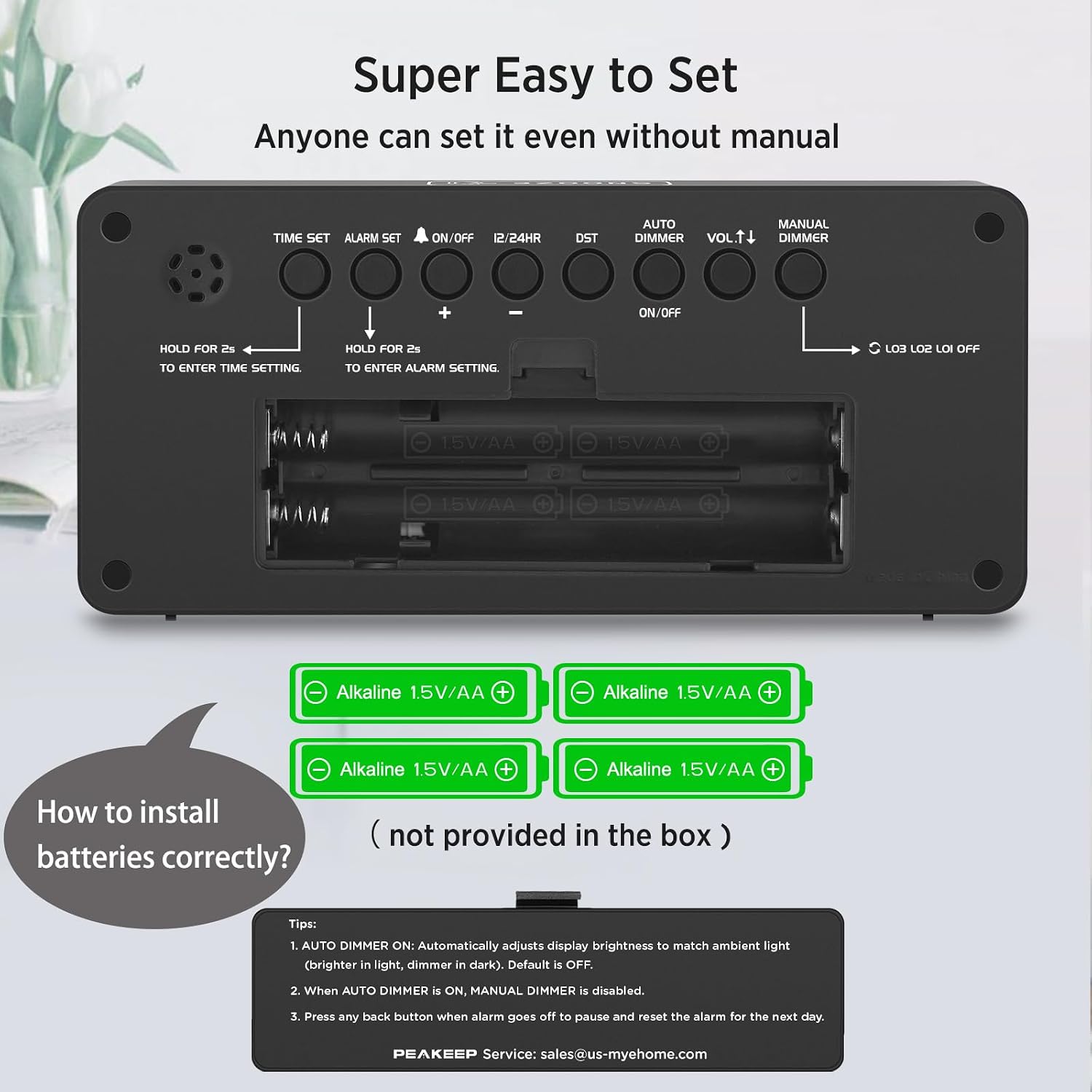 Peakeep Battery Operated Digital Alarm Clock For Bedrooms Big Numbers | Cordless Large Display Auto Dimming For Seniors, Adjustable Volume Loud Alarm Clock For Heavy Sleepers Adults (Green Digits)