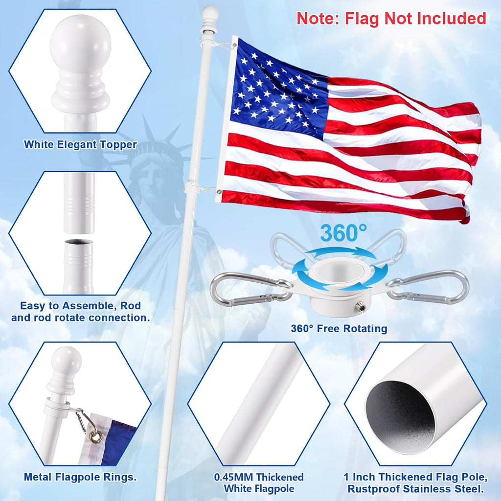 White Flag Pole Kit For House, 5 Ft Thickened Stainless Steel Outside Wall Mount Flagpole For 3X5' American Flag With 1" Tangle Free 360° Rotating Flag Pole Rings Hardware For Porch Residential