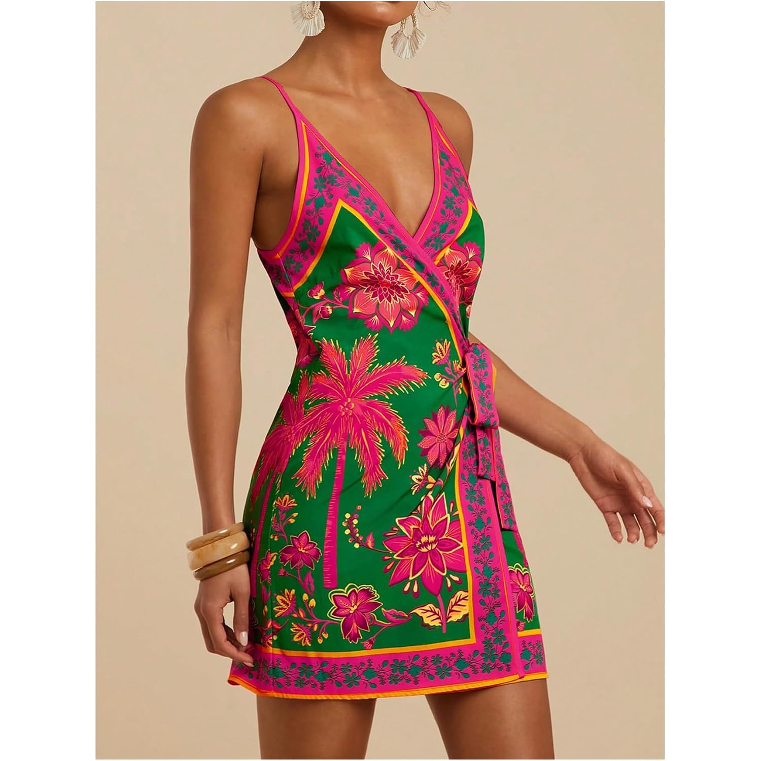 Roseseek Women'S Tropical Print Cami Dress Sleeveless Wrap V Neck Tie Knot Boho Short Dresses