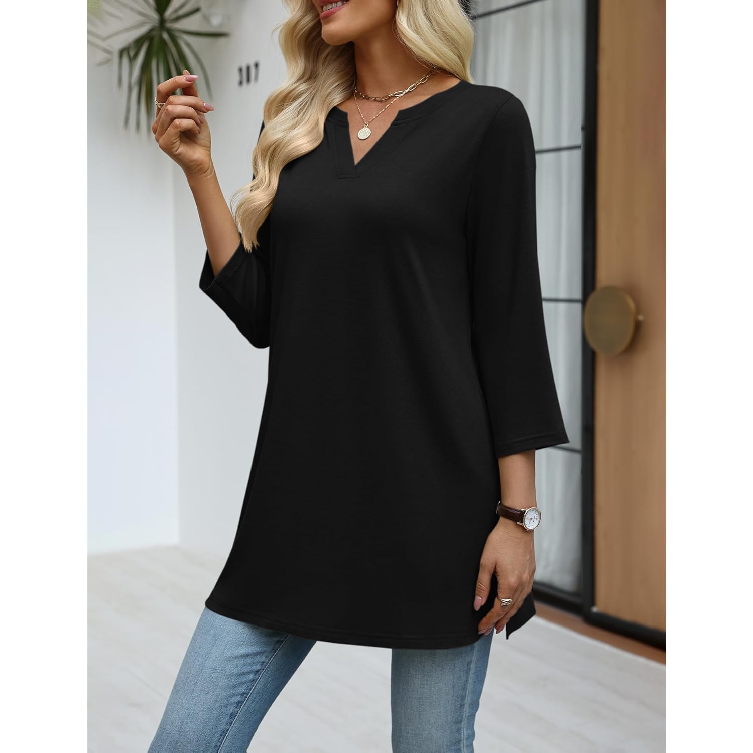 3/4 Length Sleeve Womens Tops Dressy Casual Plus Size V Neck Tunics to Wear with Leggings Side Slit Shirt