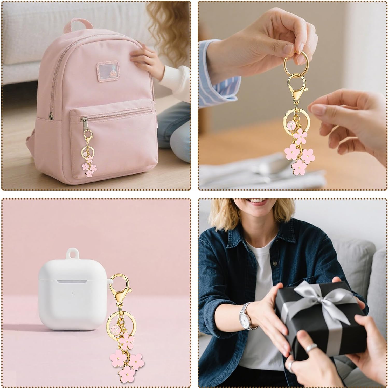 BESPMOSP Pink Flower Charms Keychain for Women Initial Letter A-Z Keychains for Key Handbag Purse Flower Bag Charm