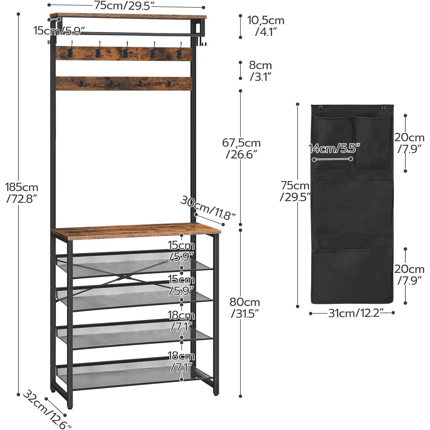 Hoobro Hall Tree With Bench, Entryway Coat Rack With Shoe Rack, Shoe And Coat Rack, 5 Tier Shoe Storage Organizer With Oxford Fabric Side Pockets, Adjustable Mesh Shelves, Rustic Brown Bf75Mt01