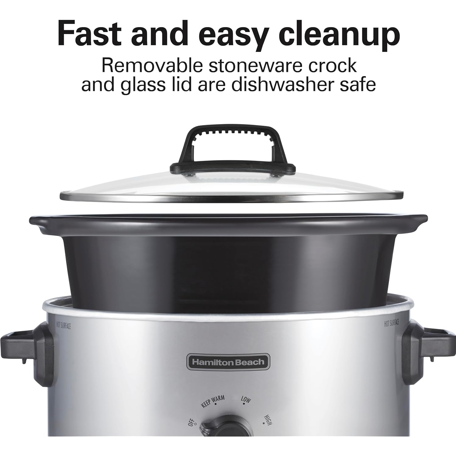 Hamilton Beach 6-Quart Slow Cooker with 3 Cooking Settings, Dishwasher-Safe Stoneware Crock & Glass Lid, Silver (33665G)