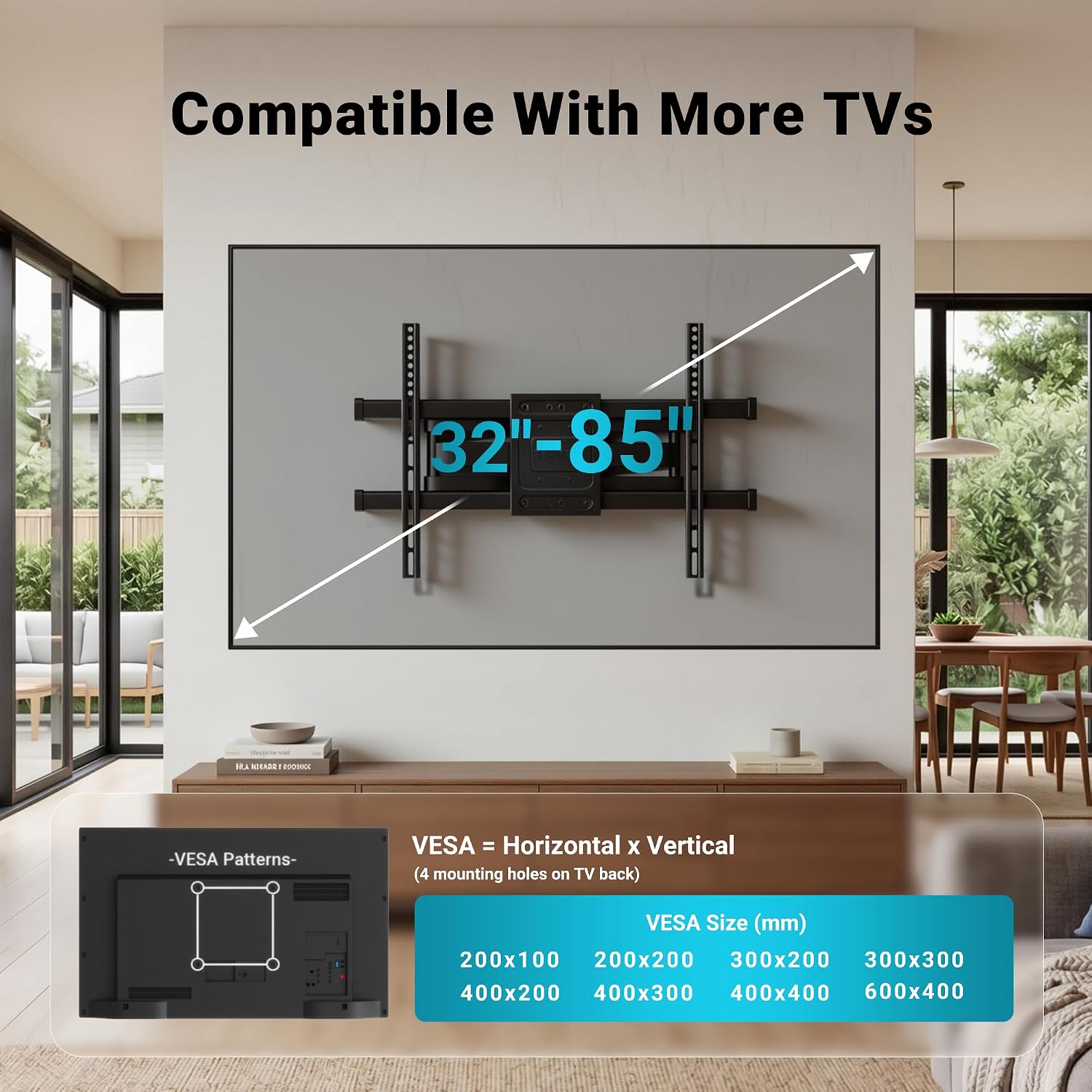 Bontec Full Motion Tv Wall Mount For 37-85 Inch Tvs, Hold Up To 132Lbs, Heavy Duty Swivel Tilt Tv Mount, Articulating Dual Arm Wall Mount Tv Bracket, Max Vesa 600X400Mm, Fits 16" Wood Studs